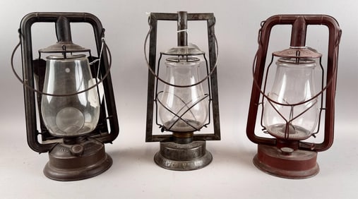THREE RAILROAD LANTERNS 20th Century Heights 14".