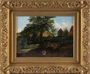 AMERICAN SCHOOL (Late 19th Century,), Village landscape., Oil on board, 10" x 14". Framed 18" x 22".