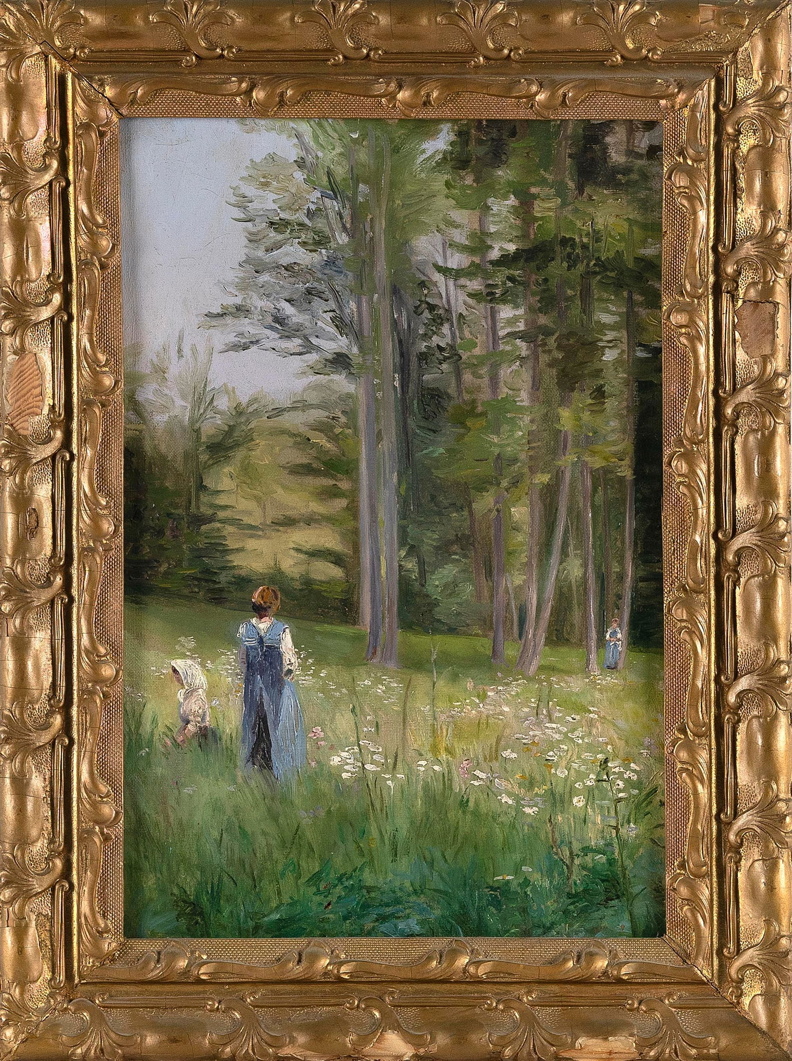 AMERICAN SCHOOL (20th Century,), Figures in a meadow., Oil on canvas, 16.5" x 11". Framed 20" x (1 of 2)