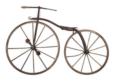 VELOCIPEDE "BONE SHAKER" WOOD AND CAST IRON BICYCLE Circa 1865-1880 Height 51". Length 72". Front