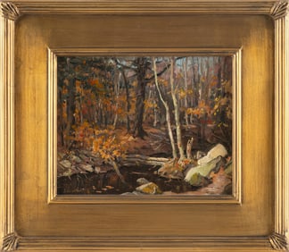 JACOB GREENLEAF (Massachusetts, 1887-1968), "Deep Woods"., Oil on board, 8" x 10". Framed 13.5" x