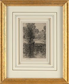 SEARS GALLAGHER (Massachusetts, 1869-1955), Rowboat in a pond., Etching on paper, 6.75" x 4.5"