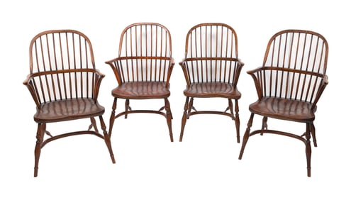 SET OF FOUR ENGLISH PUB CHAIRS Late 19th Century Back heights 40.5". Seat heights 18".