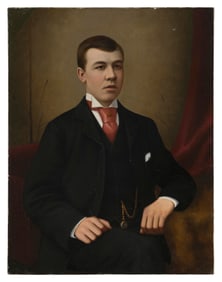 AMERICAN SCHOOL (19th Century,), Portrait of a young man wearing a red cravat., Oil on canvas, 22" x