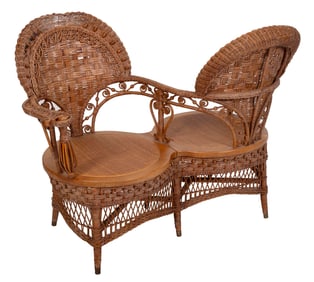 RARE VICTORIAN WICKER "GOSSIP" OR T?TE-?-T?TE CHAIR America, Late 19th Century Back height 37". Seat