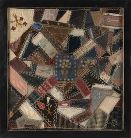 CRAZY QUILT REMNANT Late 19th Century 24" x 23" sight. Framed 27.5" x 27".