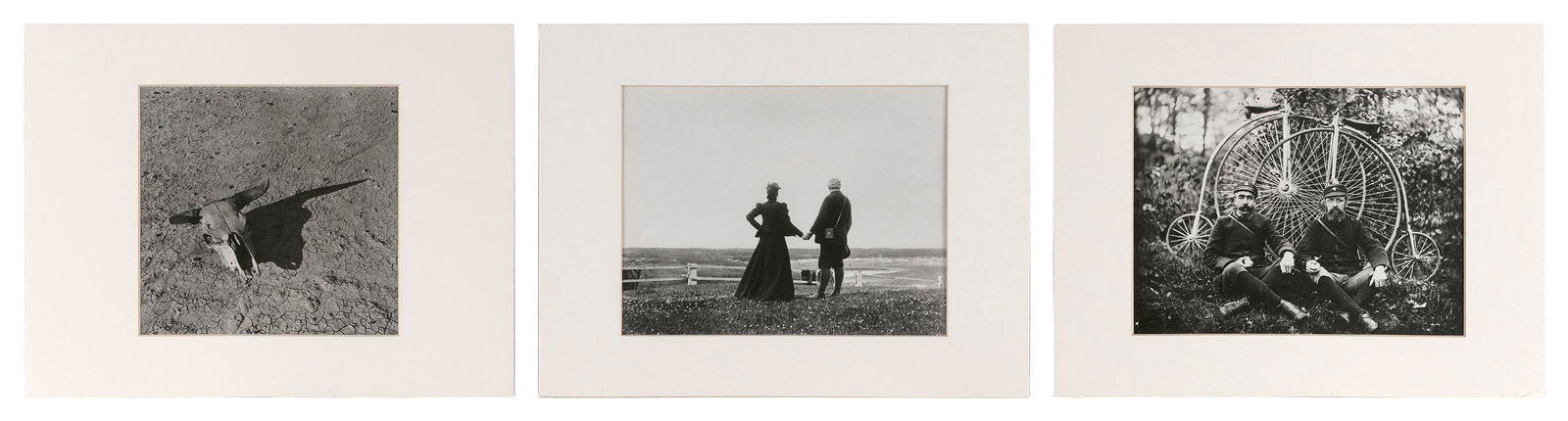 THREE PHOTOGRAPHS PUBLISHED BY THE LIBRARY OF CONGRESS 20th Century 7.25" x 9.25" sight. Matted 11": THREE PHOTOGRAPHS PUBLISHED BY THE LIBRARY OF CONGRESS20th Century"Steer Skull" by Arthur Rothstein, "Alexander Graham Bell and Mabel Hubbard Bell" by Arthur McCurdy and "Bicycle Messengers" by Charle