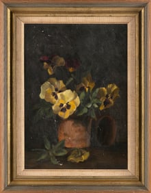 AMERICAN SCHOOL (19th Century,), Still life of pansies., Oil on canvas, 14" x 10". Framed 17.75" x