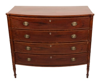 FEDERAL MAHOGANY BOWFRONT BUREAU Early 19th Century Height 38.5". Width 42.5". Depth 21.25".