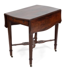 ENGLISH MAHOGANY PEMBROKE TABLE Circa 1800 Height 29". Width 20.5" plus two 9.25" drop leaves. Depth