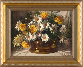RUDOLPH COLAO (Massachusetts/Maine, 1927-2014), Bouquet of daisies., Oil on masonite, 9" x 12".