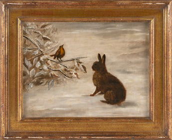AMERICAN SCHOOL (19th Century,), A rabbit and a bird., Oil on canvas, 10" x 13". Framed 14" x 17".