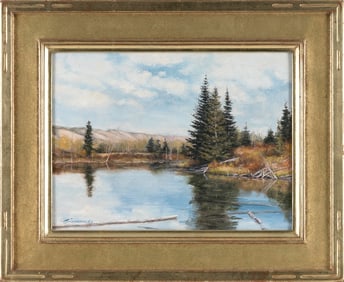 TRAVIS R. HUMPHREYS (Utah/Idaho, 1965-), "White Cliffs Pond"., Oil on board, 9" x 12". Framed 13.5"