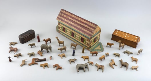 GERMAN PAINTED WOODEN NOAH'S ARK 19th Century Lengths 5", 8" and 18".