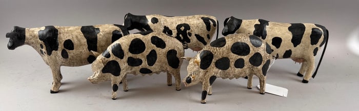 FIVE LEO R. SMITH CARVED WOODEN FARM ANIMALS Late 20th Century Lengths from 8.5" to 10.5".