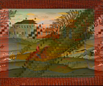 DIANE ULMER PEDERSEN (Massachusetts, Contemporary), Primitive-style landscape with a rider and his