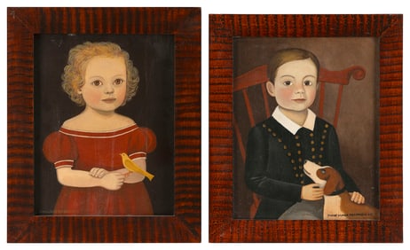 DIANE ULMER PEDERSEN (Massacshusetts, Contemporary), Pair of primitive-style portraits., Oils on
