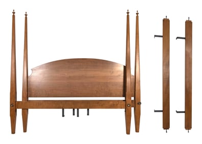 CUSTOM-MADE TIGER MAPLE FOUR-POSTER QUEEN-SIZE BED Late 20th Century Post heights 86". Headboard