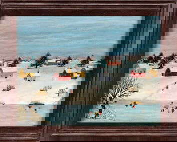 AMERICAN SCHOOL (20th Century,), Ice skating on the village pond., Oil on canvas, 14" x 18". Framed