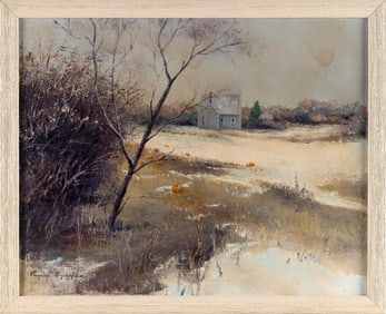 EUGENE SPARKS (Massachusetts, 1940-), Pumpkin field and farmhouse., Oil on canvas, 16" x 20". Framed