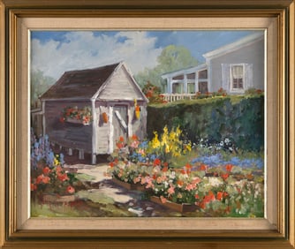 HELEN SHARP POTTER (America, 1926-2018), "Shed & Flowers"., Oil on canvas, 16" x 20". Framed 21" x