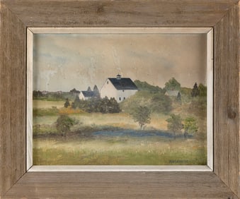 MARIELUISE HUTCHINSON (Massachusetts, 1947-), New England barn., Oil on masonite, 9" x 12". Framed