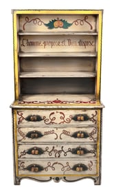 PETER HUNT (Massachusetts, 1896-1967), Step-back cupboard with painted decoration of, Height 73".