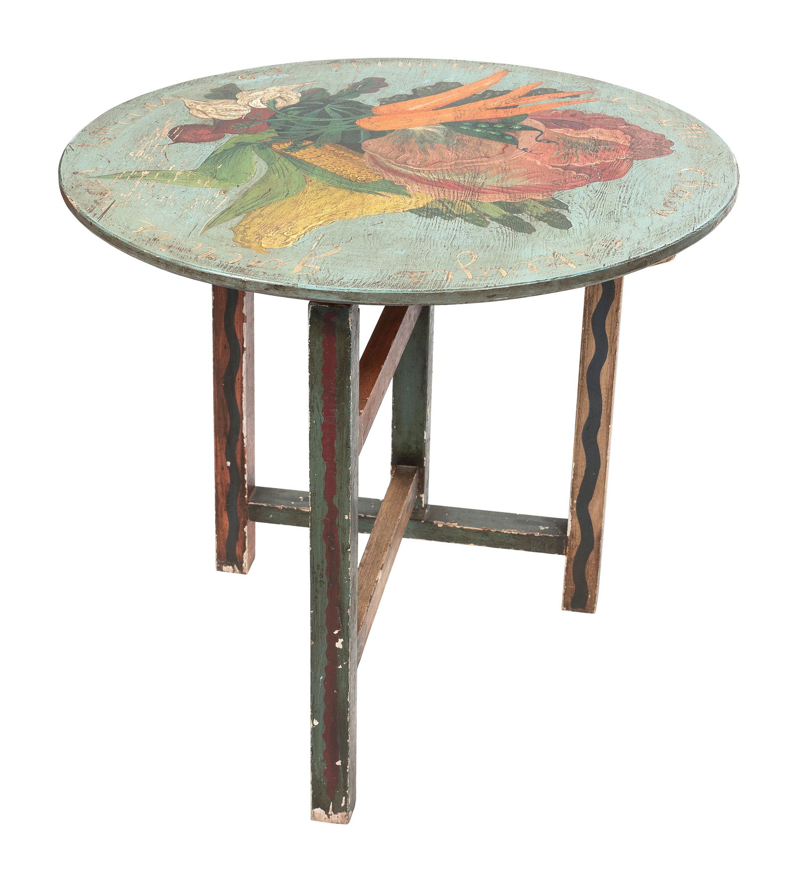 STYLE OF PETER HUNT (20th Century,), Folding table with painted decoration of vegetables., Height: STYLE OF PETER HUNT20th CenturyFolding table with painted decoration of vegetables. Height 31". Top diameter 30".