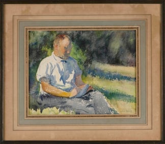 JOHN WHORF (Massachusetts, 1903-1959), A man reading in a garden., Watercolor, 8.5" x 10.5" sight.