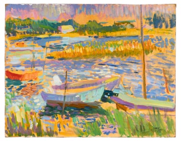 M. ZENA LESSER (Massachusetts, 1926-2022), Double-sided work: one side with scene of boats in a