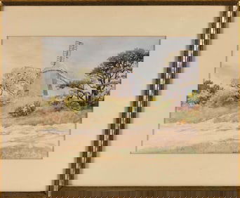 HAROLD BROADFIELD WARREN (Massachusetts, 1859-1934), Windmill in the dunes., Watercolor, 9" x 11.5"