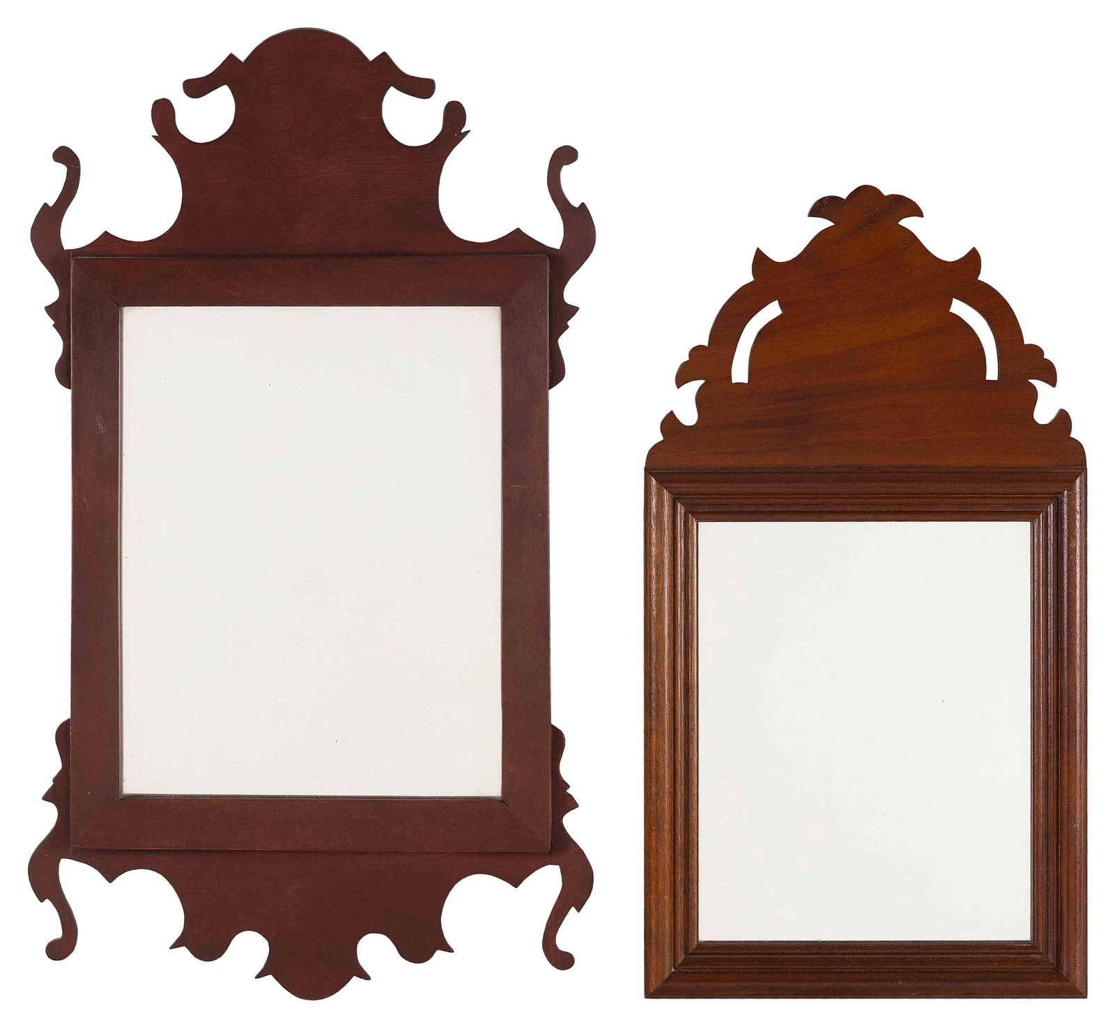 ELDRED WHEELER PROTOTYPE CHIPPENDALE MIRROR Massachusetts, 20th Century Heights 18" and 21".: ELDRED WHEELER PROTOTYPE CHIPPENDALE MIRRORMassachusetts, 20th CenturyTogether with a Heritage Collection of South Dartmouth mirror. Eldred Wheeler mirror frame painted red. Paper label on back signed