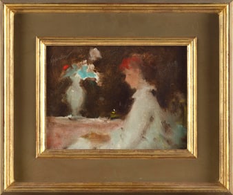 SAMUEL EDMUND OPPENHEIM (New York/Florida, 1901-1992), Profile of a woman sitting at a table., Oil