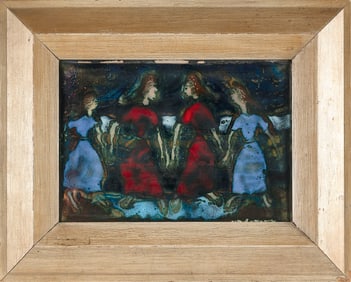 ENAMEL ON COPPER RELIEF PAINTING OF FOUR WOMEN 20th Century 11.5" x 16.25". Framed 18.75" x 23.5".