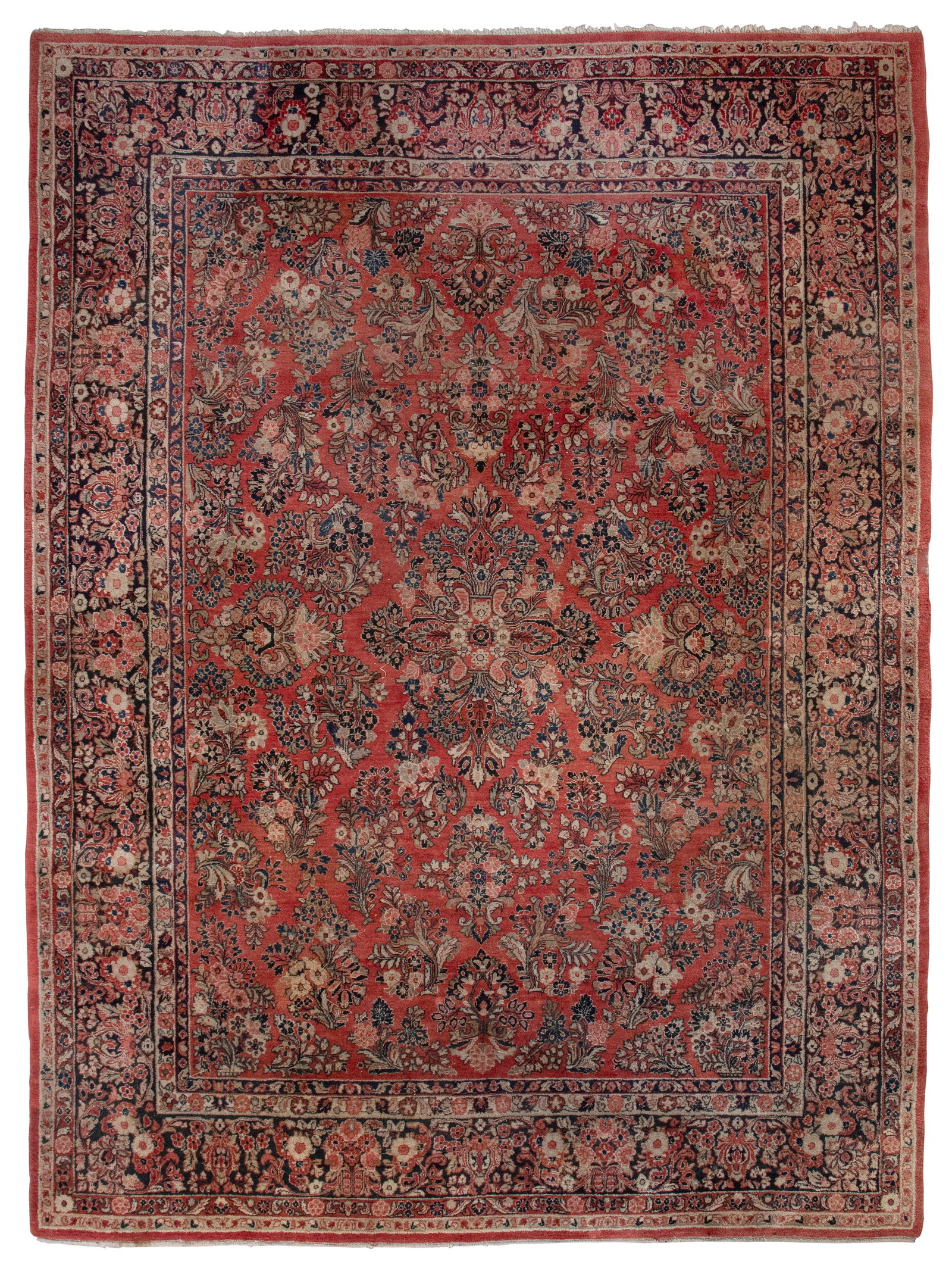 SAROUK RUG: 8'10" X 11'11" Late 20th Century: SAROUK RUG: 8'10" X 11'11" Late 20th Century Central floral medallion is surrounded by traditional flowering branches and floral bouquets in dark blue, olive green, dark gold, khaki and pink on a red 