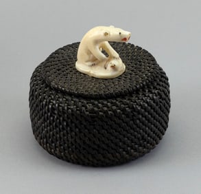 ESKIMO WOVEN BALEEN COVERED BASKET 20th Century Height 3.75".