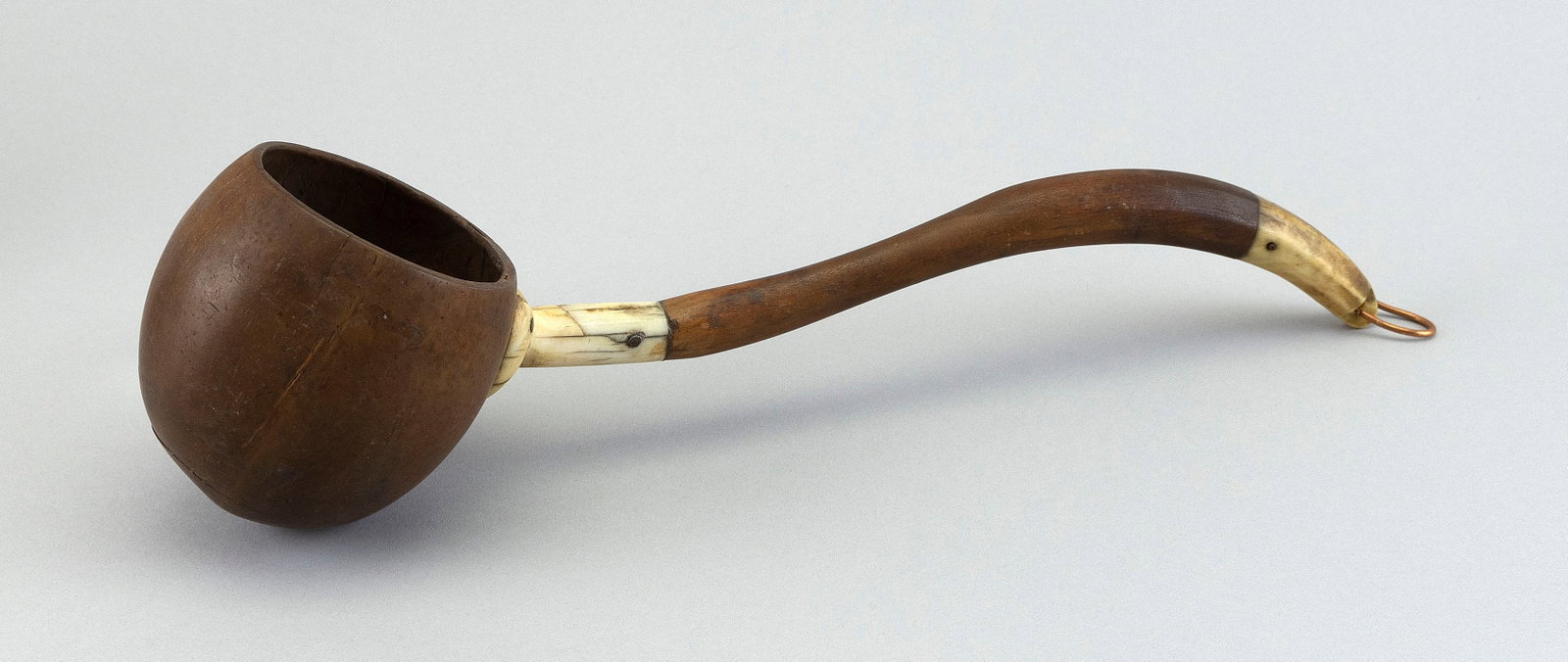 COCONUT SHELL DIPPER 19th Century Length 13.5".: COCONUT SHELL DIPPER 19th Century Walnut handle with whale ivory mounts. Length 13.5".