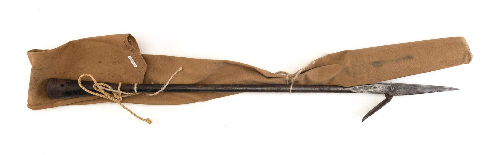 SINGLE-SWIVEL BARBED HARPOON Early 20th Century Length 28".: SINGLE-SWIVEL BARBED HARPOON Early 20th Century With brass sheath and canvas bag. Additional information about this lot may be found on the Hellman Collection website, number REH045. Length 28". Prove