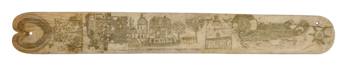 SCRIMSHAW WHALEBONE BUSK WITH ARCHITECTURAL SCENES 19th Century Length 13.5".