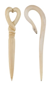 TWO CARVED MARINE IVORY BODKINS 19th Century Lengths approx. 5".