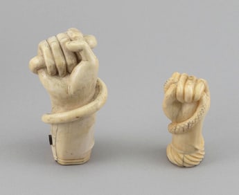 TWO WHALE IVORY CLENCHED FIST CANE HANDLES 19th Century Lengths 2.75" and 4".