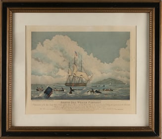 AFTER W.J. HUGGINS (England, 19th Century), "South Sea Whale Fishery"., Colored engraving, 18.5" x