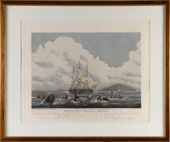 AFTER W.J. HUGGINS (England, 19th Century), "South Sea Whale Fishery", 1825., Colored engraving, 17"