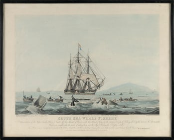 AFTER W.J. HUGGINS (England, Late 19th Century), "South Sea Whale Fishery"., Colored engraving, 18"