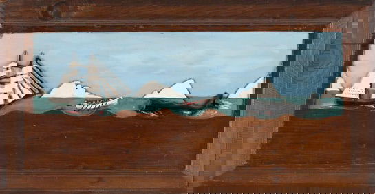 G.T. KIRKPATRICK (Massachusetts, 20th Century), Whaling scene., Carved and polychromed pine board,