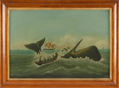 PRIMITIVE-STYLE PAINTING "WHALE IN A FLURRY" 20th Century Oil on canvas, 18.5" x 26.5". Framed 22" x