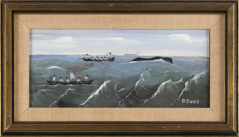 DOROTHY DAVIS (Massachusetts, 1910-1991), Whaling scene., Oil on board, 8" x 15.25". Framed 9.75" x