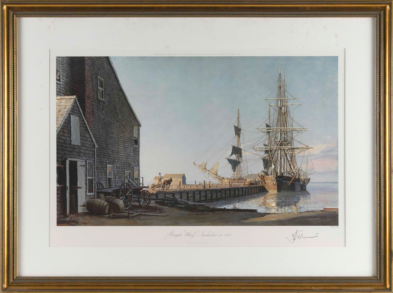 JOHN STOBART (Massachusetts/Florida/England, 1929-2023), "Straight Wharf, Nantucket in 1832".,: JOHN STOBARTMassachusetts/Florida/England, 1929-2023"Straight Wharf, Nantucket in 1832". Signed in pencil lower right. Numbered 450/750.Colored lithograph, 16" x 24". Framed 24" x 32.5".