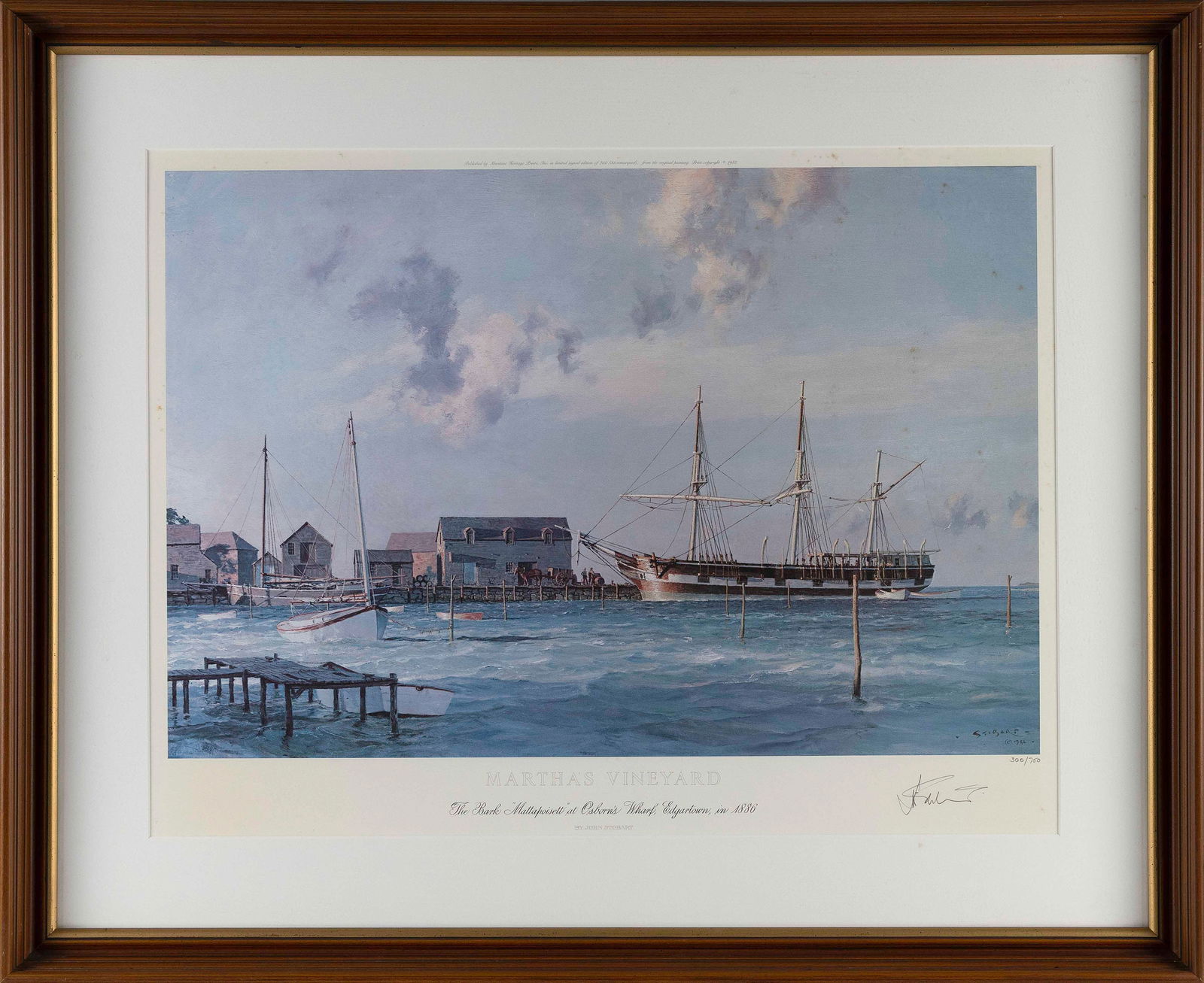 JOHN STOBART (Massachusetts/Florida/England, 1929-2023), "Martha's Vineyard, the Bark Mattapoisett: JOHN STOBARTMassachusetts/Florida/England, 1929-2023"Martha's Vineyard, the Bark Mattapoisett in Osborn's Wharf, Edgartown in 1886". Signed in pencil lower right. Numbered 300/750.Colored lithograph,