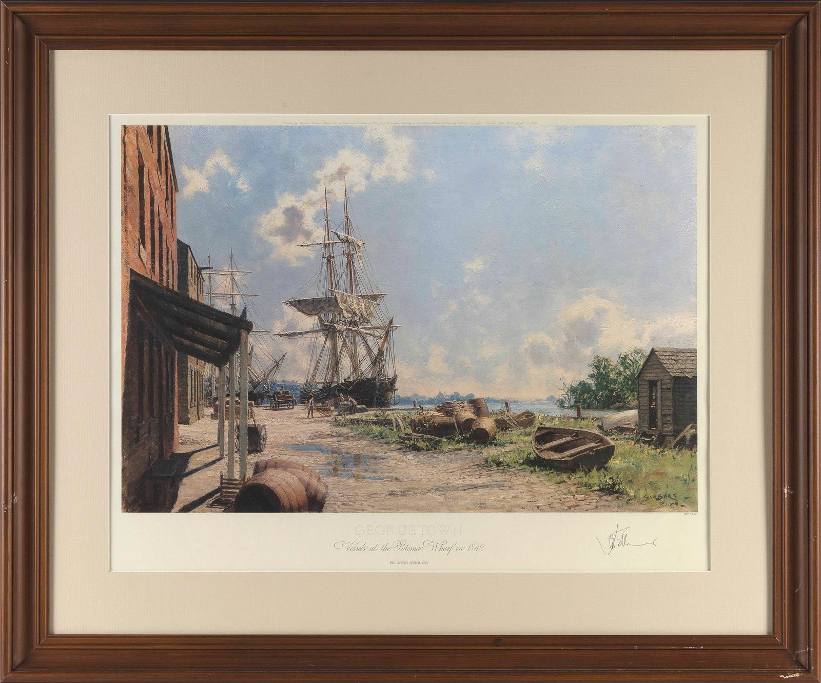 JOHN STOBART (Massachusetts/Florida/England, 1929-2023), "Georgetown, Vessels at Potomac Wharf in: JOHN STOBARTMassachusetts/Florida/England, 1929-2023"Georgetown, Vessels at Potomac Wharf in 1842". Signed in pencil lower right. Numbered 185/750.Colored lithograph, 21" x 28". Framed 31" x 38".
